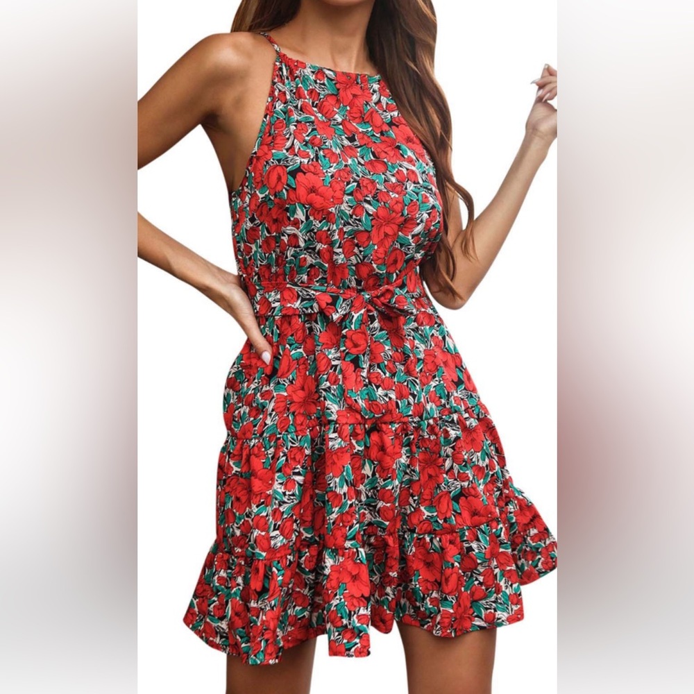 Floral Red Sleeveless Dress